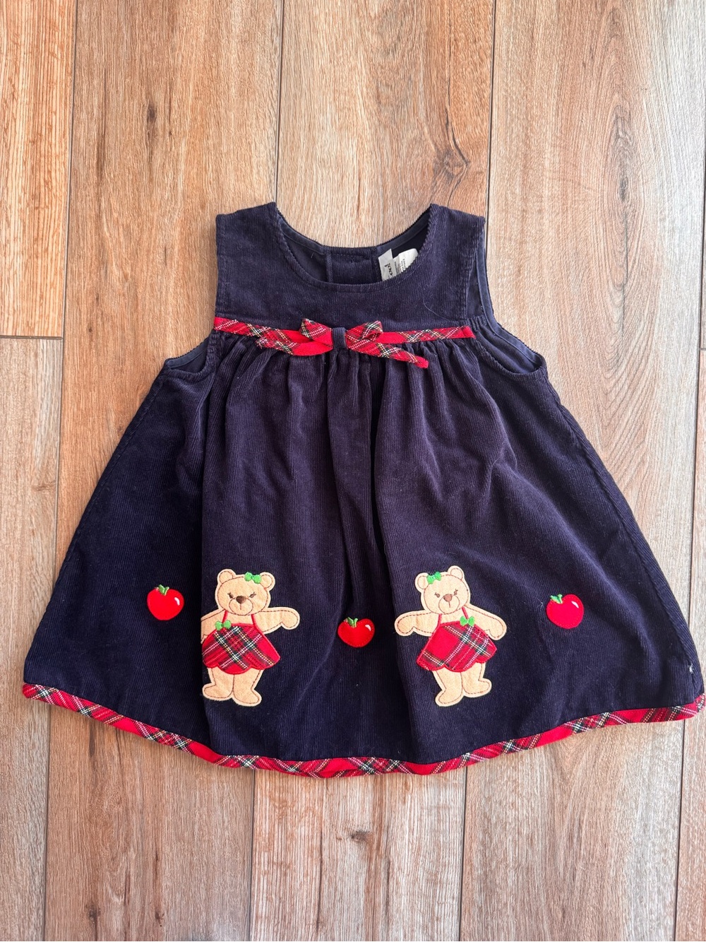 Girls Navy Corduroy Bear & Apples Applique Dress with Red Trim